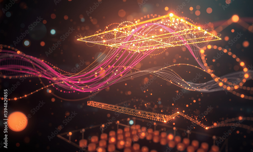 Poster vibrant digital visualization featuring flowing lines and glowing particles, representing data and t