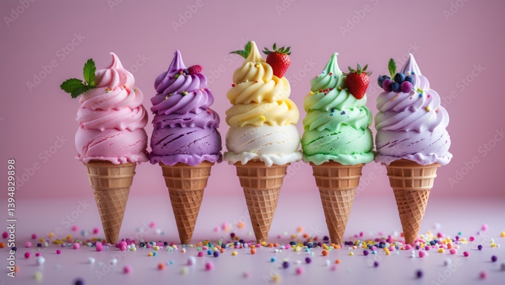 Poster a pastel-colored background with an ice cream border at the bottom. ample copy space.