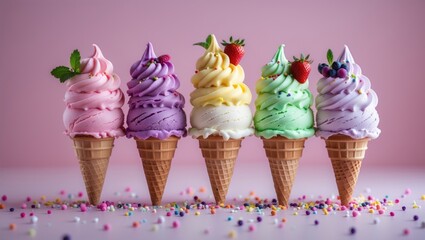 A pastel-colored background with an ice cream border at the bottom. Ample copy space.