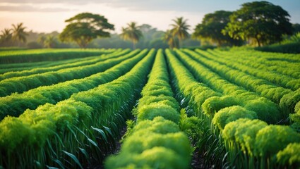Fototapeta premium Ginger growing area. Stretching rows. Ginger output. Raising Ginger.