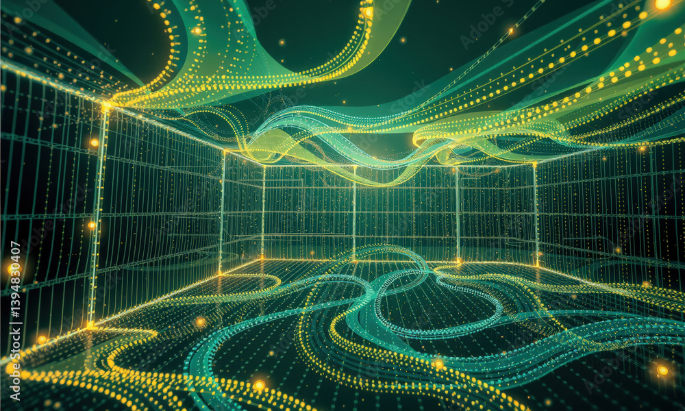 Poster vibrant digital landscape featuring flowing lines and glowing particles, creating sense of depth and