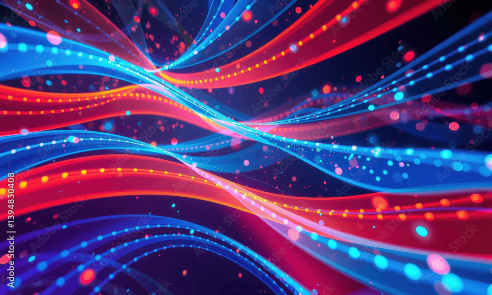 Poster vibrant abstract waves in red and blue colors create dynamic visual effect, showcasing fluid motion 