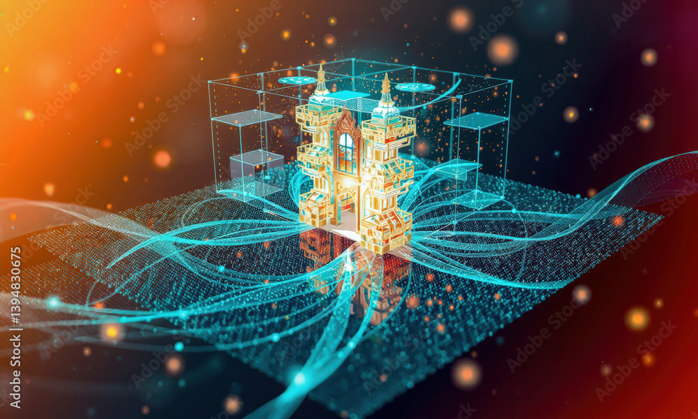 Poster futuristic digital structure with intricate designs and glowing elements, surrounded by flowing data
