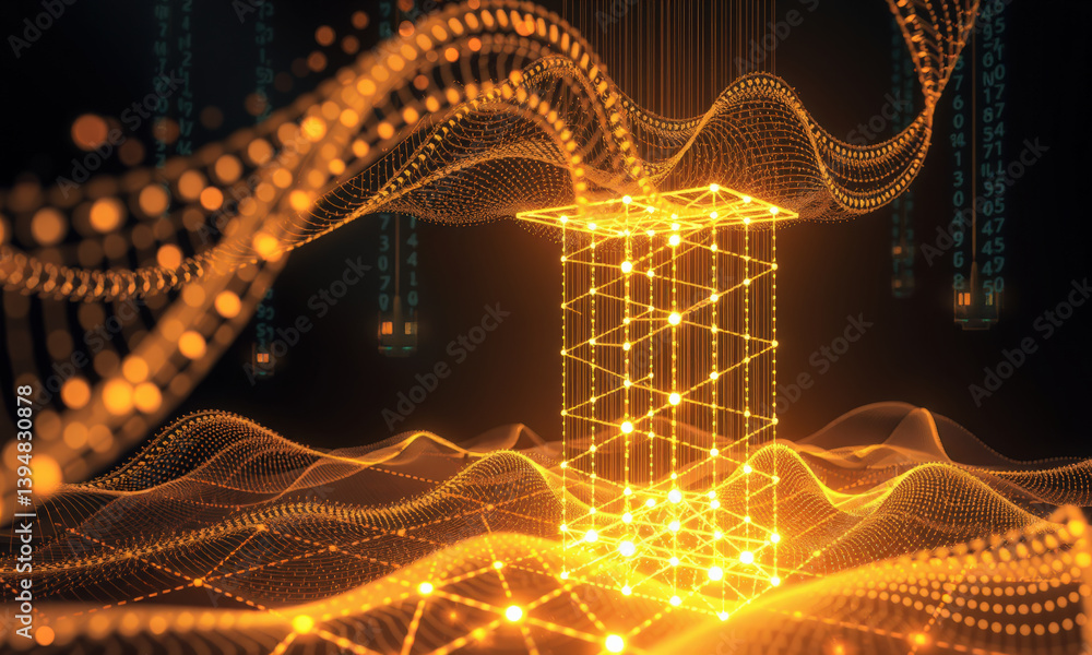 Poster vibrant digital representation of three dimensional structure surrounded by flowing waves of light, 