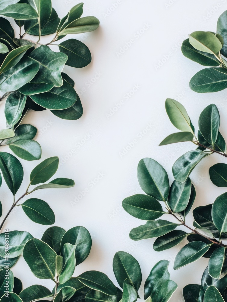 Poster lush green leaves frame a bright white backdrop creating a natural and serene visual space perfect f
