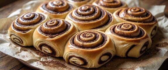 Cinnamon buns hot out of the oven with cocoa and spice filling on parchment. Sweet homemade treat. Close-up shot.