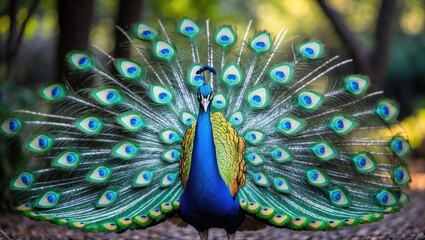 Obraz premium Peafowl Portrait: Pavo cristatus Showcasing Colorful Tail Feathers and Elegance in a Natural Forest Setting