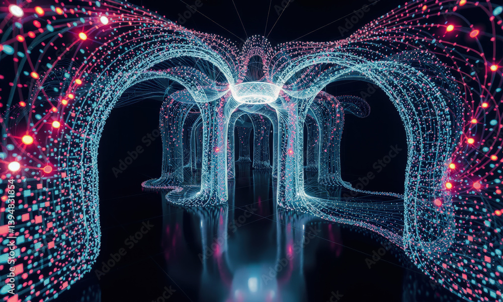 Poster mesmerizing digital landscape featuring interconnected lines and nodes, creating vibrant network of 