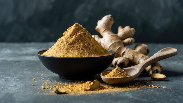Sunth or Sonth: Ginger powder with whole dried form on a moody background. selective focus