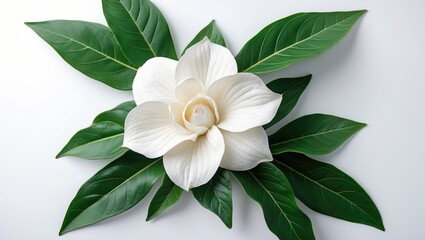 Fototapeta premium Isolated white background featuring Gardenia jasminoides fragrant flowers and leaves