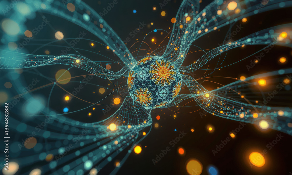 Poster mesmerizing digital representation of interconnected nodes and flowing lines, symbolizing data trans
