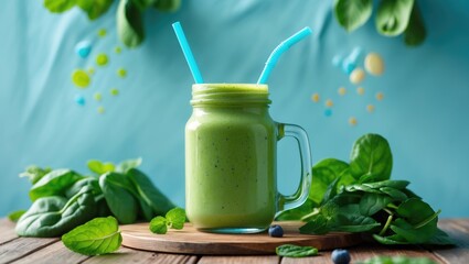 Glass jar filled with a green fruit smoothie and straw, against a turquoise blue setting.