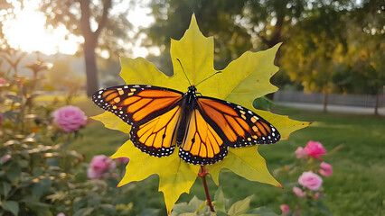 Monarch butterfly on a maple leaf