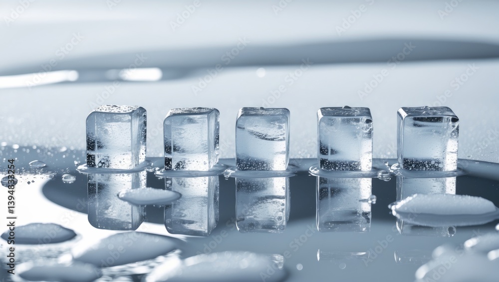 Aufkleber ice cubes resting on a reflective surface. reflection in the mirror.
