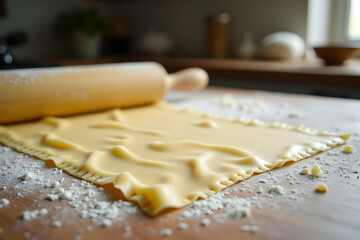 A close up of a delicate handmade fettuccine pasta sheet, sprinkled with flour, alongside a wooden rolling pin, poised on a wooden surface ready to be cut