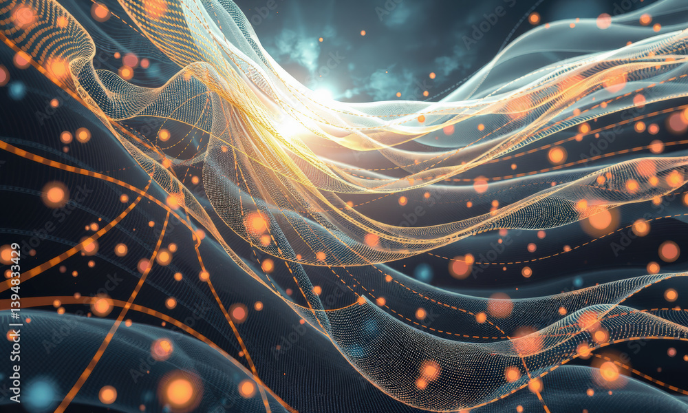 Poster mesmerizing abstract representation of flowing waves and particles, showcasing vibrant colors and dy