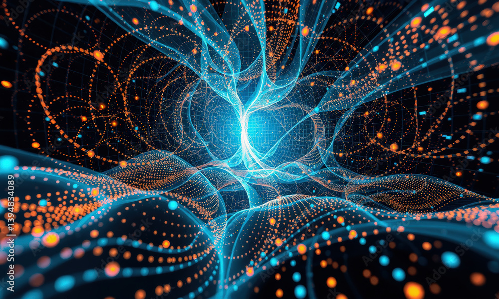 Poster mesmerizing digital tunnel of glowing blue and orange particles, creating sense of depth and movemen