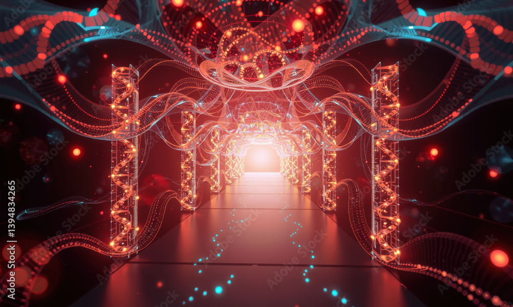 Poster vibrant digital tunnel with glowing red and blue lines, creating mesmerizing visual effect. scene ev