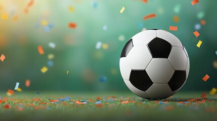 Obraz premium Celebratory Soccer Ball with Colorful Confetti on Green Field