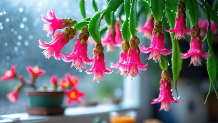 Christmas cactus in pink blooms on the windowsill