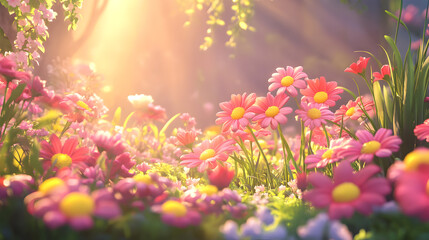 Fototapeta premium pink and yellow flower garden with soft sunlight creating a joyful and energetic scene 
