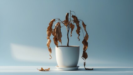 Abandoned house plant with withered leaves hanging in white flower pot on background