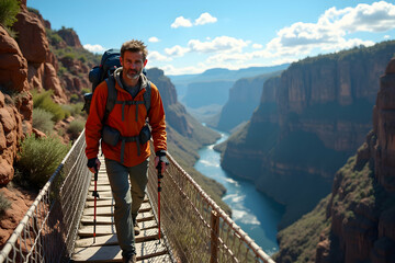 A confident hiker with weathered skin and a determined expression traverses a narrow suspension bridge overlooking a breathtaking canyon landscape during daytime