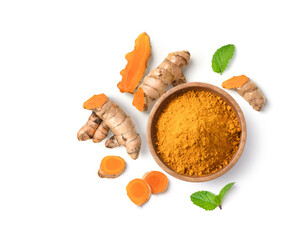 Turmeric (Curcuma longa Linn) rhizome (root) sliced with green leaves isolated on white background.