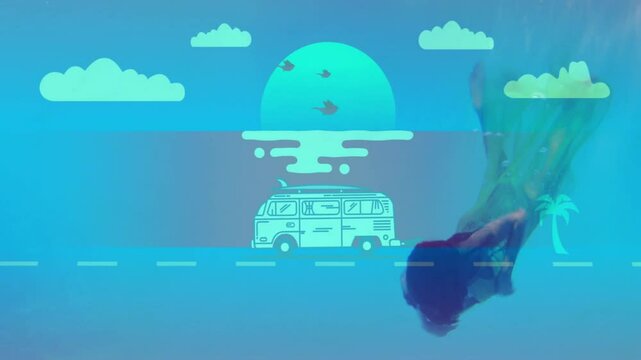 Swimming underwater, surfer with animation of van and sun in background