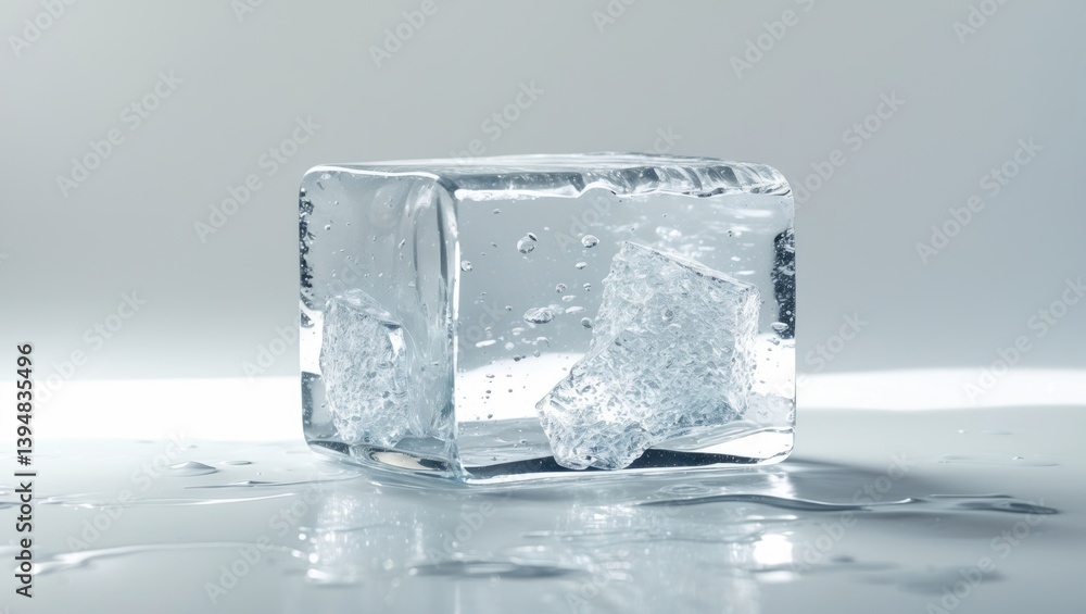 Aufkleber an ice block displayed on a white surface.