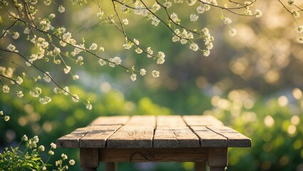 Naklejka premium Beautiful spring scenery with lush green leaves and flowering twigs, complemented by a vacant wooden table in the sunlight outdoors.