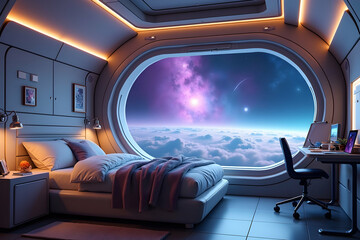 A Cozy Futuristic Bedroom Overlooking a Celestial Vista, Experience Tranquility and Innovation in this Cutting-Edge Retreat High Above the Clouds