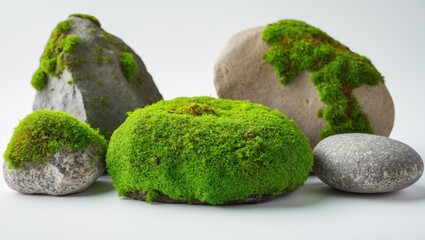 Rock covered in moss green, set against a white background.