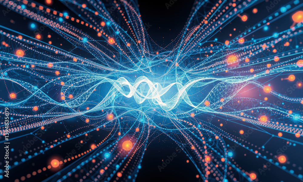 Poster vibrant abstract representation of flowing energy waves, featuring blue and orange particles, creati