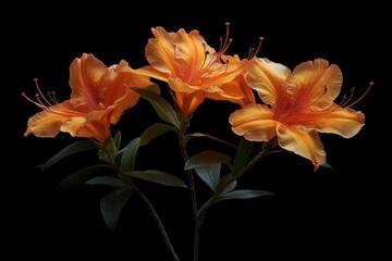 Captivating orange azalea blossoms against a dark backdrop showcasing vibrant petals and delicate stamen in a botanical portrait