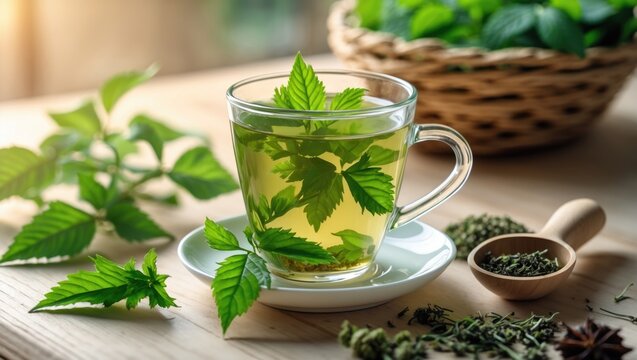 Close-up of a glass cup of nettle tea alongside fresh and dried nettle leaves on the table.