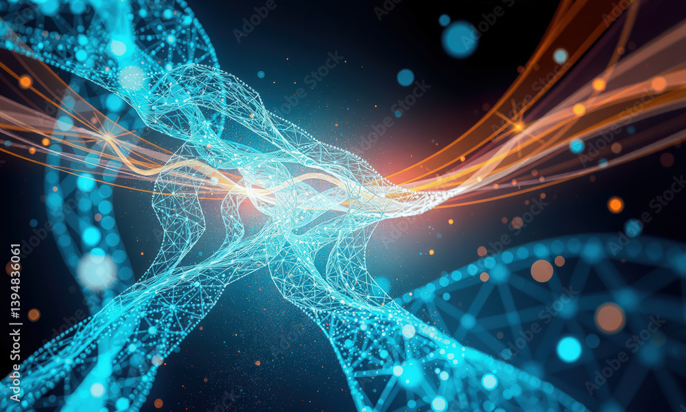 Poster abstract digital art featuring intertwined glowing lines and nodes, representing data flow and conne