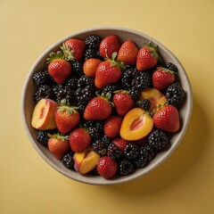 Obraz premium A vibrant fruit bowl filled with strawberries, blackberries, and peaches on a light yellow background.