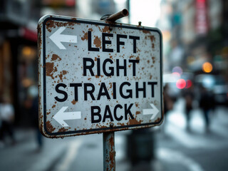 A rusty street sign with directions in an urban city setting.