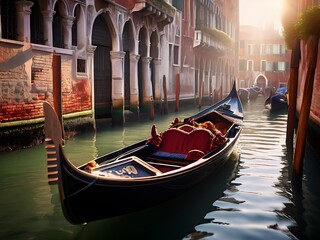 Gondola in a Canal in Venice at Sunset