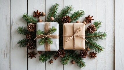 Yuletide display. Christmas gifts, spruce branches, knitted throw on a pale wooden surface. Top-down view, flat lay, space for copy.