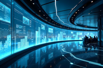A Cutting-Edge Digital Finance Hub, Sleek Modern Futuristic Interior Showcasing Advanced Technology and Data Visualization in a Professional Setting