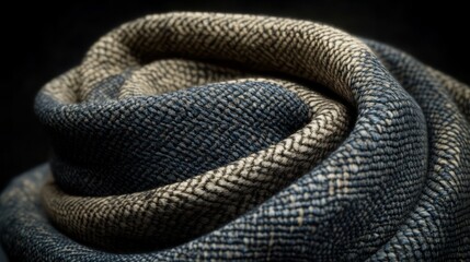 Fototapeta premium Textured fabric swirl, soft blue and beige, intricate herringbone weave detail