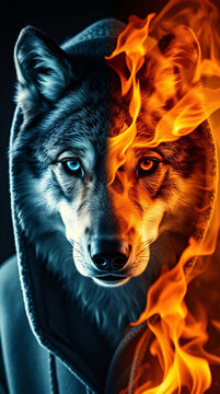 Portrait of a haf ice haf fire wolf