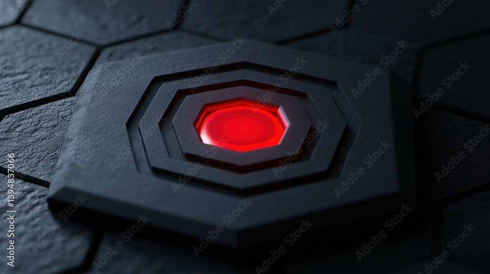 Poster a glowing red geometric feature within dark hexagonal structures