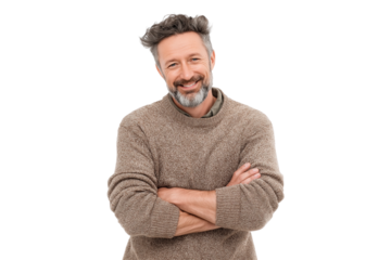  smiling man stands with crossed arms isolated on transparent white background