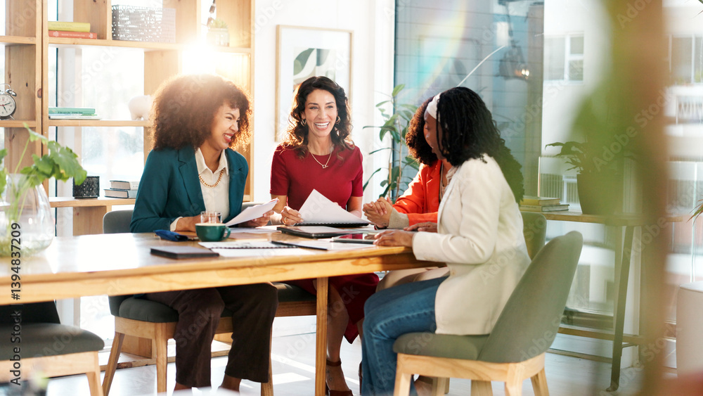Poster Women, meeting and document with group for planning, brainstorming or review for problem solving at startup. Business people, paperwork and team with report, proposal and feedback at creative agency