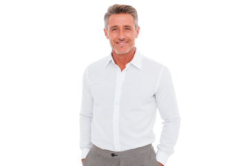 Smiling man in white shirt with his hands in pocket isolated on transparent white background