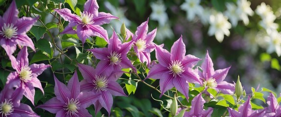 Floral beauty of purple clematis in spring and summer with radiant petals and greenery
