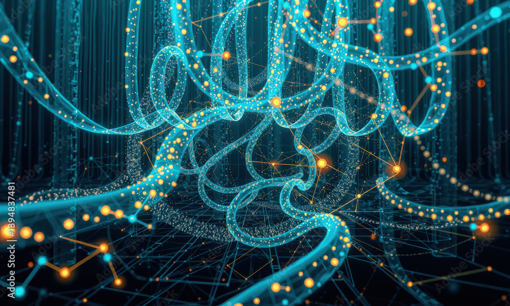 Poster mesmerizing digital landscape featuring intricate blue and orange lines intertwined with glowing dot